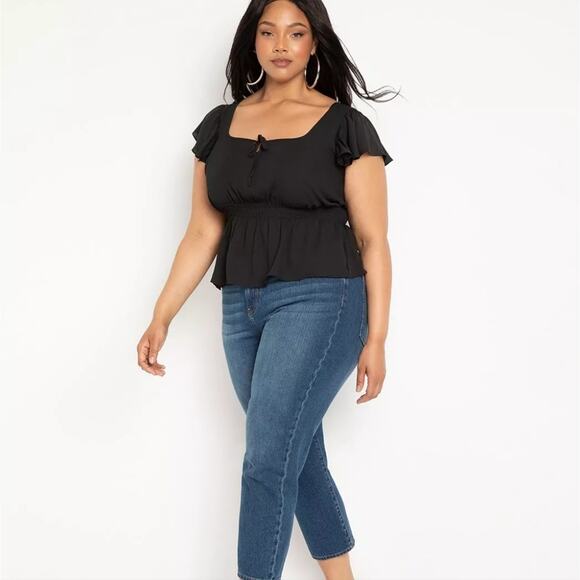 NEW Eloquii size 20 square neck peplum cap sleeve black blouse - Picture 2 of 3